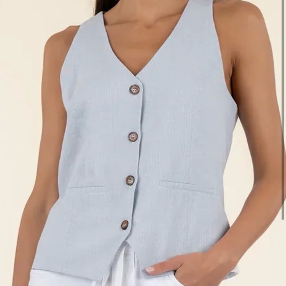 Women's Light Blue Button-Down Vega Vest with back buckle